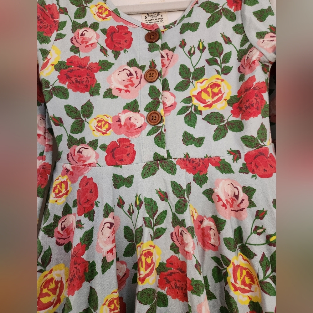 Olivia Mae Charming Long Sleeve Floral Dress w/ Red,Pink,Yellow Blooms, S7/8,EUC - Picture 2 of 7
